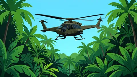 A flat-vector illustration of a military attack helicopter hovering over a dense tropical jungle canopy.