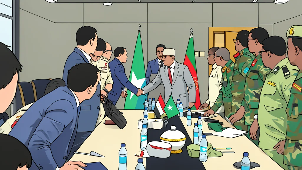 A flat-vector illustration of two military officers shaking hands in front of a government building.