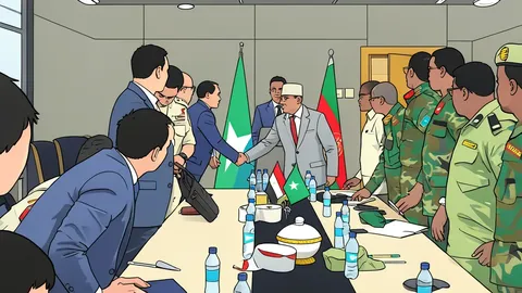A flat-vector illustration of two military officers shaking hands in front of a government building.