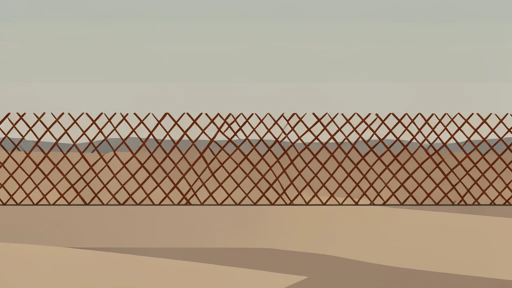A long, rusted chain-link fence stretching across a dry, dusty landscape under a hazy sky