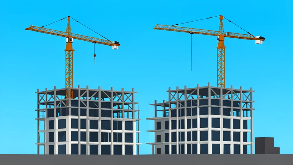 A modern mixed-use building under construction with steel frameworks and cranes against a clear sky