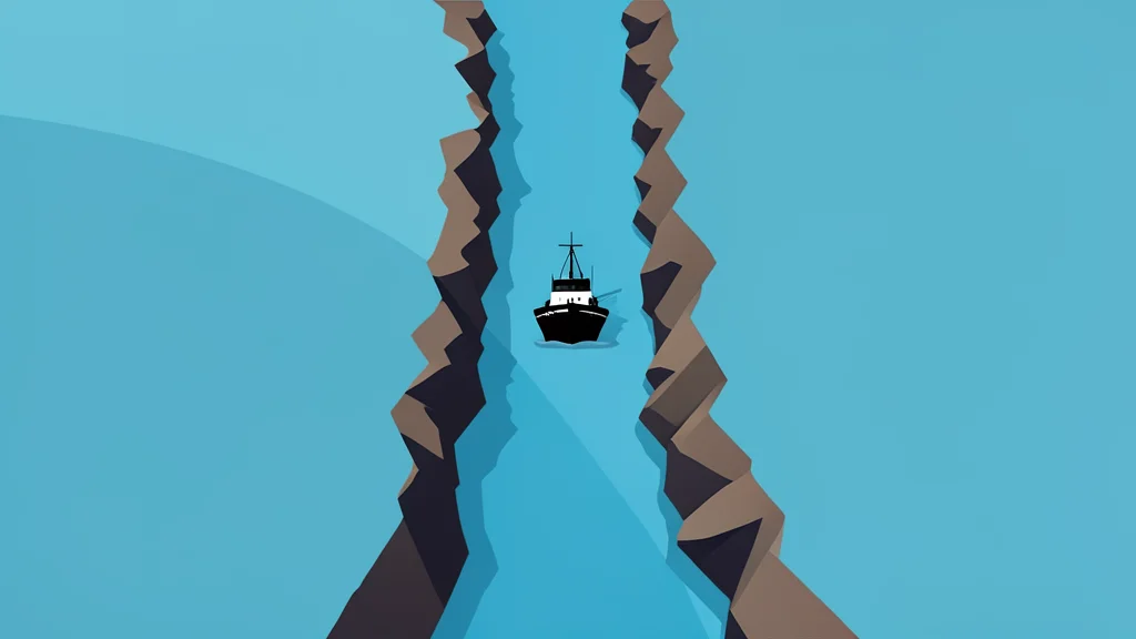 A narrow, rocky strait connecting two large bodies of water with a single ship passing through
