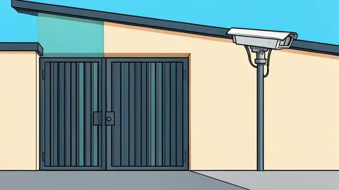 A police station building facade with a heavy metal gate and a surveillance camera mounted on a pole