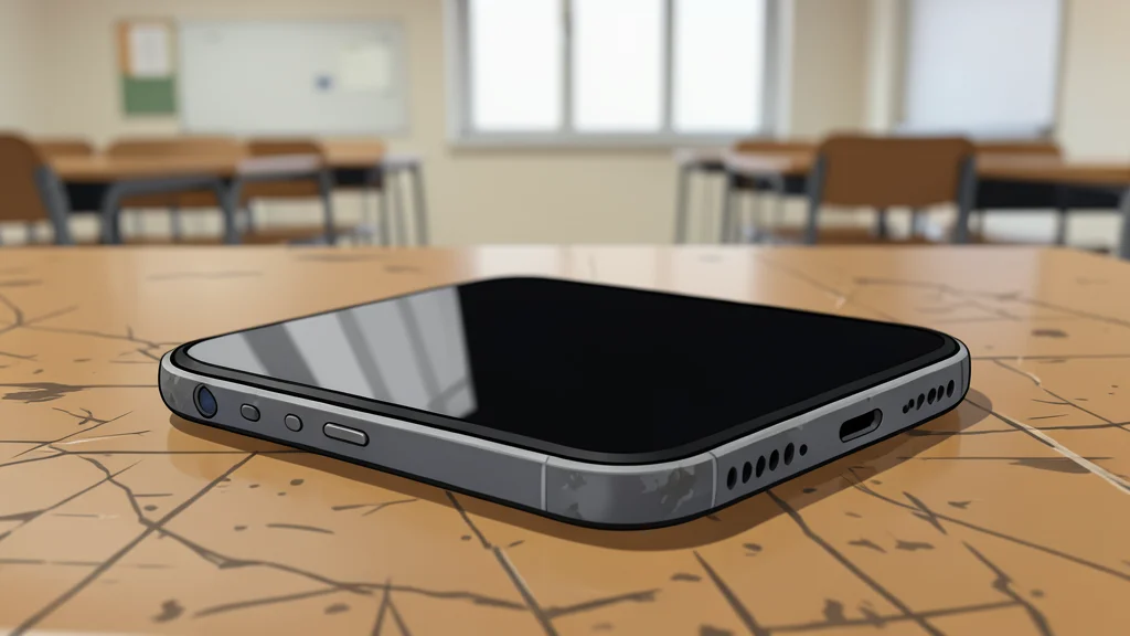 A flat vector illustration of a smartphone on a wooden desk next to school notebooks and a pencil.