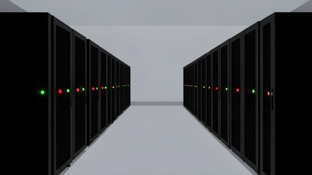 A server room with rows of black computer towers and blinking indicator lights
