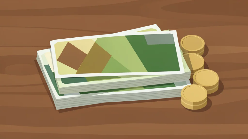 A flat vector illustration of a stack of generic banknotes and coins on a wooden desk.