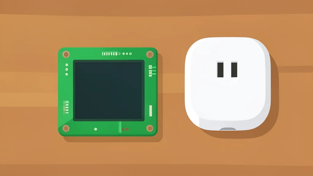 A small square electronic circuit board with a tiny screen on a wooden desk next to a white smart plug.