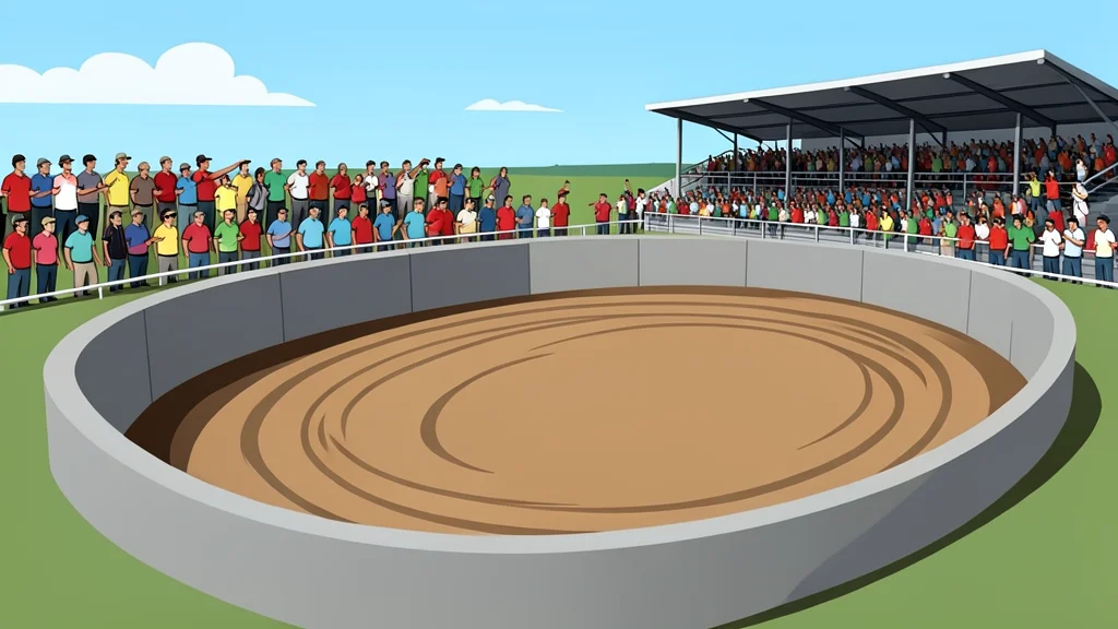 A short oval dirt racing track with a high concrete retaining wall and a grandstand full of spectators