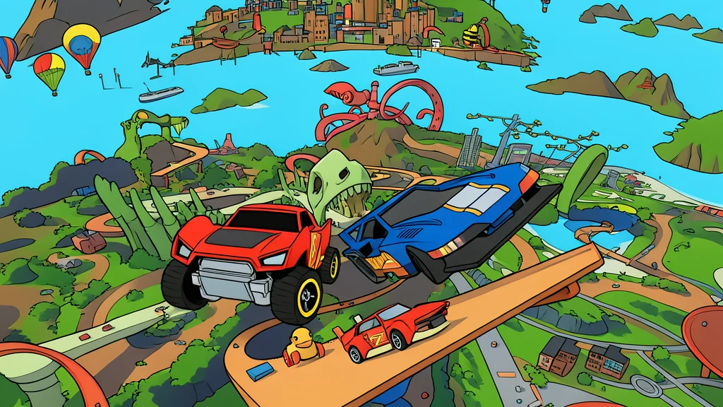 A miniature orange plastic ramp track with a small toy car speeding down the curve