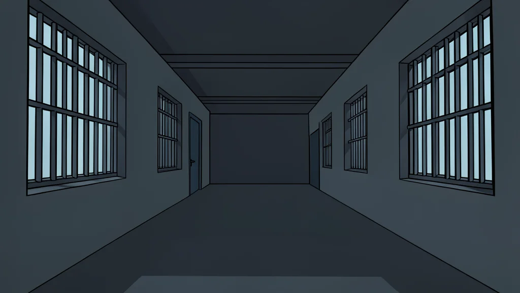 A dimly lit, empty prison corridor with barred windows and concrete walls