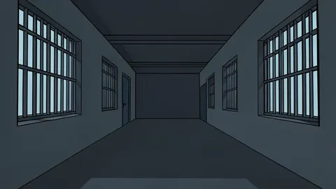 A dimly lit, empty prison corridor with barred windows and concrete walls
