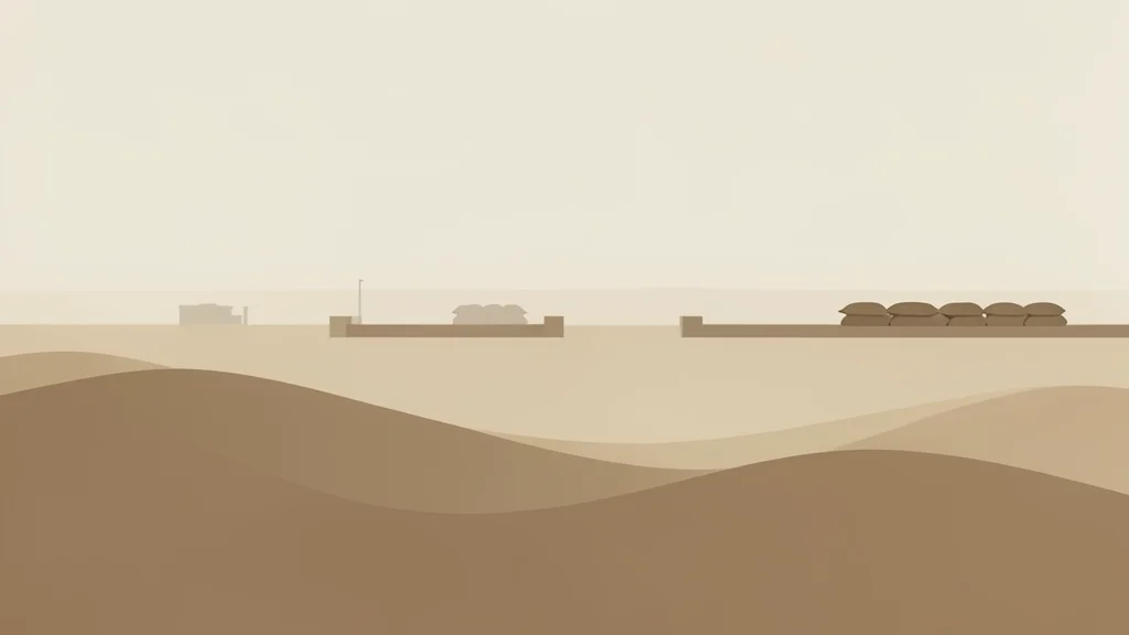 A dusty desert landscape with a distant silhouette of a military training ground and sandbags