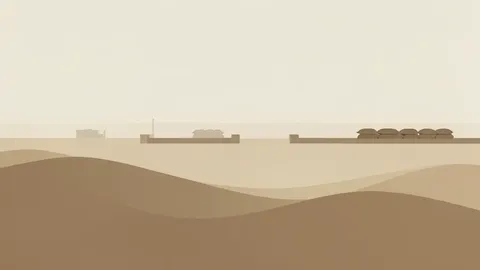 A dusty desert landscape with a distant silhouette of a military training ground and sandbags