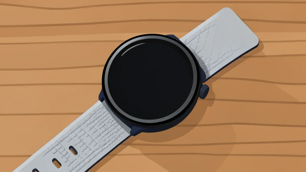 A sleek, modern smartwatch with a round face and a textured strap resting on a wooden surface