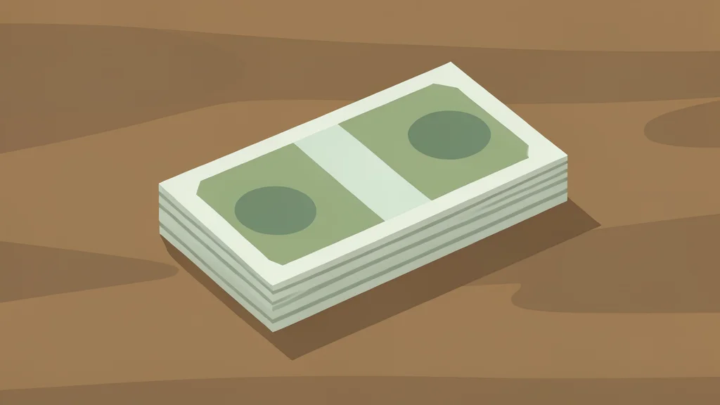 A stack of paper banknotes resting on a wooden desk