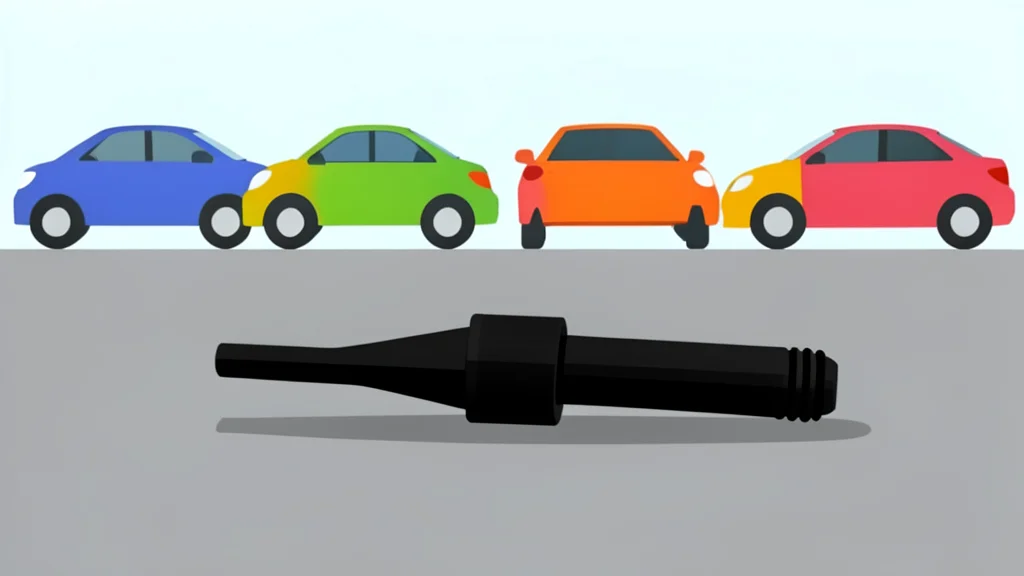 A fuel pump nozzle resting on a concrete surface next to a row of parked cars