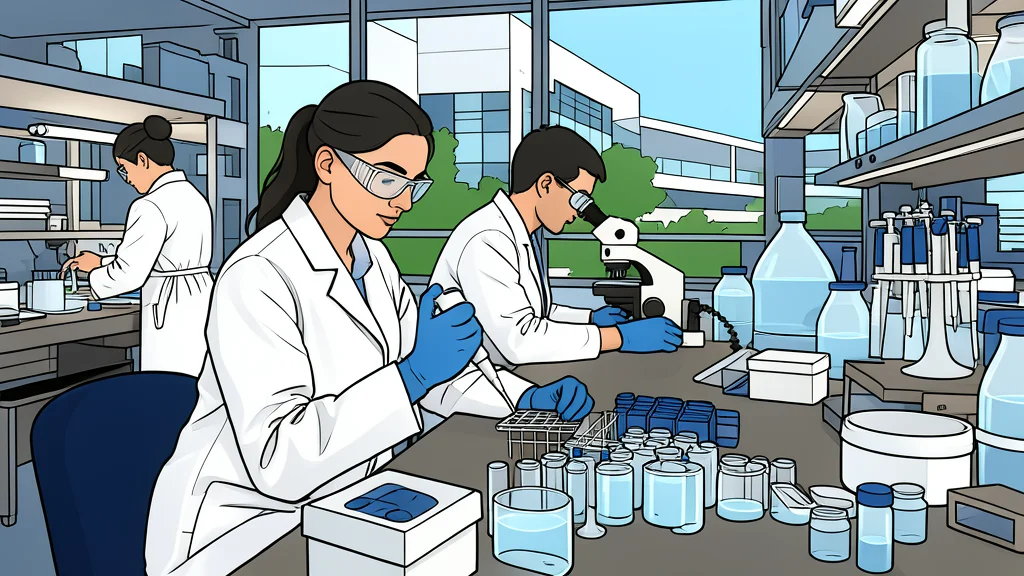 A glass vial containing clear liquid standing on a white laboratory bench