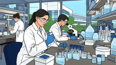 A glass vial containing clear liquid standing on a white laboratory bench