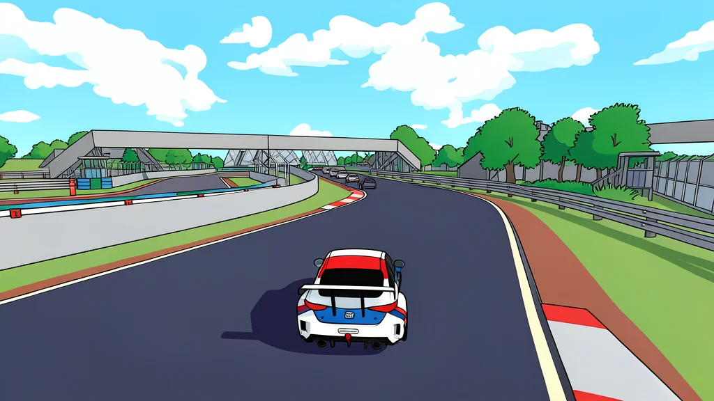 A stylized racing car speeding along a winding asphalt track at sunset