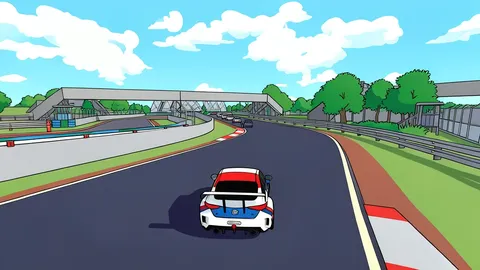 A stylized racing car speeding along a winding asphalt track at sunset