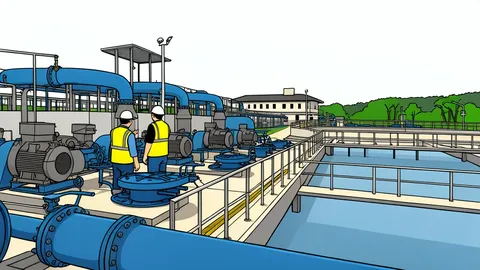 A detailed view of an industrial water pump system with metallic pipes and valves