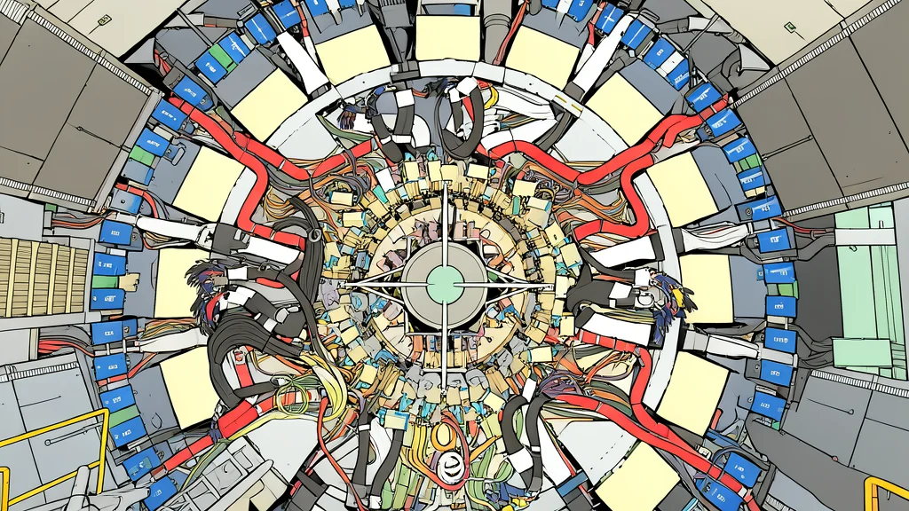 A massive circular particle accelerator ring with glowing blue beams of light circulating inside