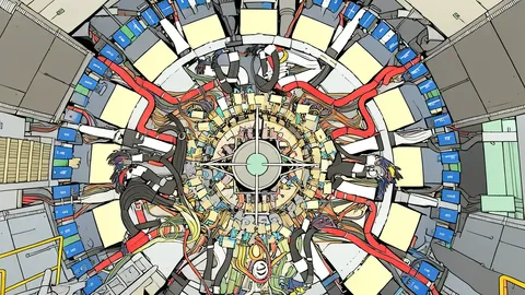 A massive circular particle accelerator ring with glowing blue beams of light circulating inside
