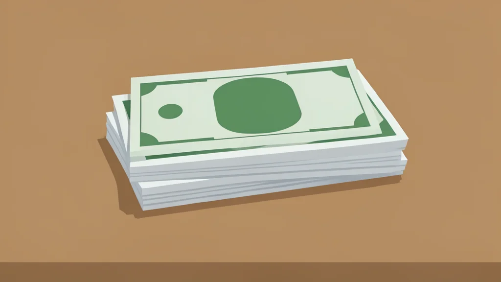 A stack of banknotes and a single foreign currency bill resting on a wooden desk.