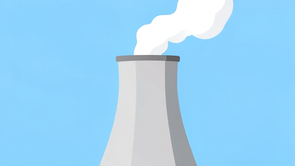 A large industrial cooling tower with steam rising from the top against a clear sky