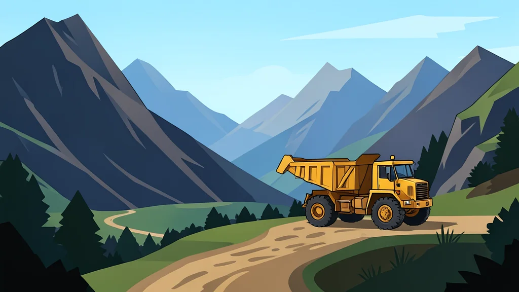 A rugged mountain landscape with a winding dirt road and a stationary heavy-duty mining truck.