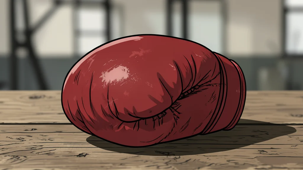 A pair of red leather boxing gloves resting on a wooden table