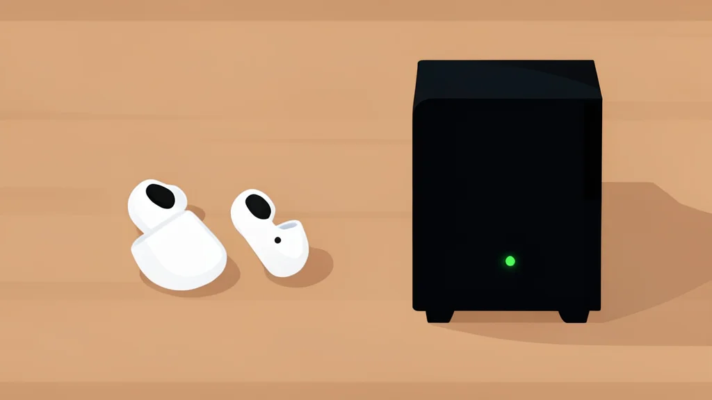 A pair of wireless earbuds resting on a wooden desk next to a small, black computer tower with a glowing status light.