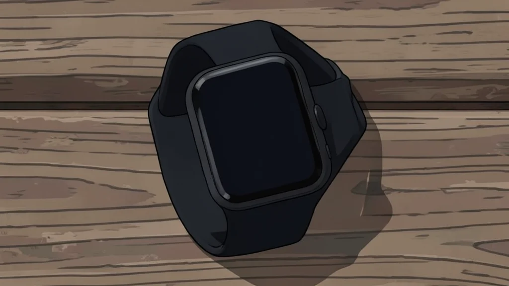 A flat-vector illustration of various wrist-worn devices with different band materials arranged on a wooden surface.