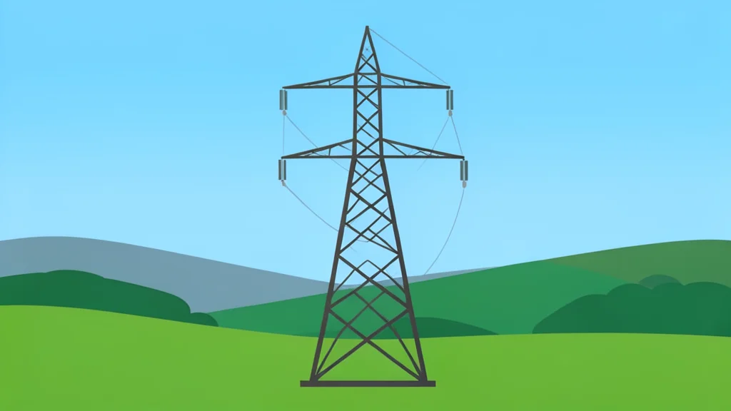 A high-voltage electricity pylon standing in a rural landscape
