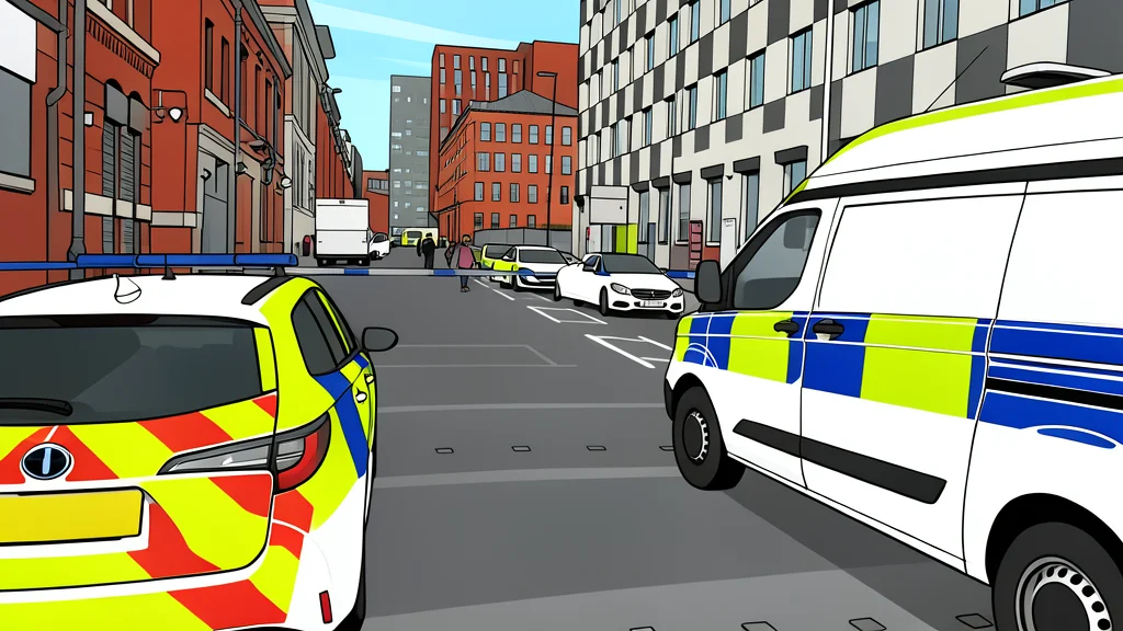 A quiet city street corner with a police cordon tape stretched between two lampposts