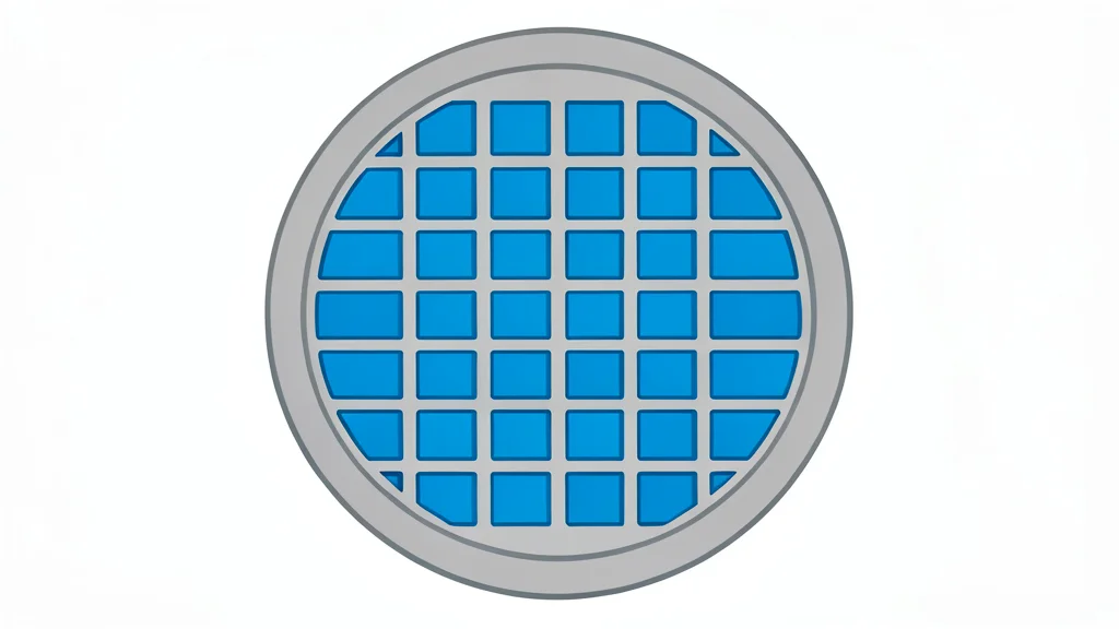A close-up view of a silicon wafer with a grid of square chips