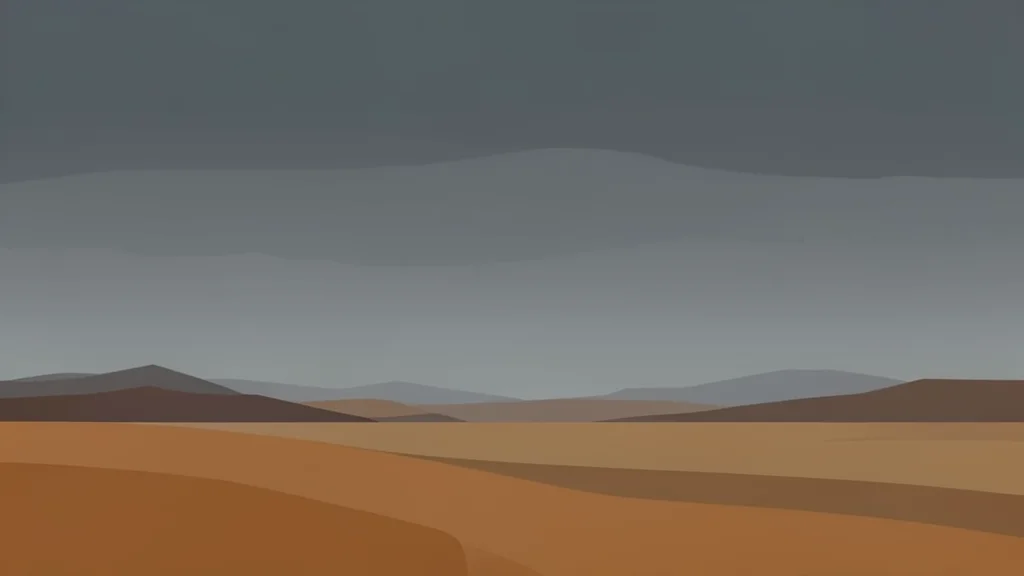 A desolate desert landscape with a distant, hazy horizon under a heavy, overcast sky