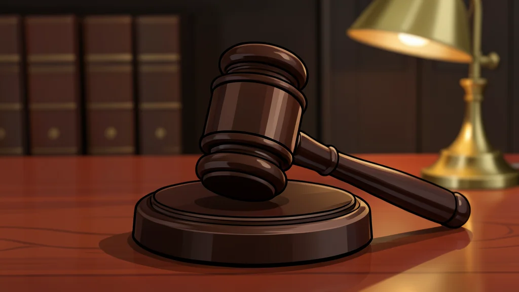 A wooden gavel resting on a polished desk surface