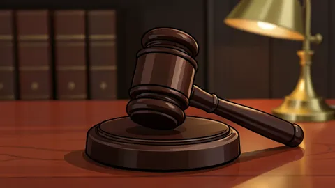 A wooden gavel resting on a polished desk surface