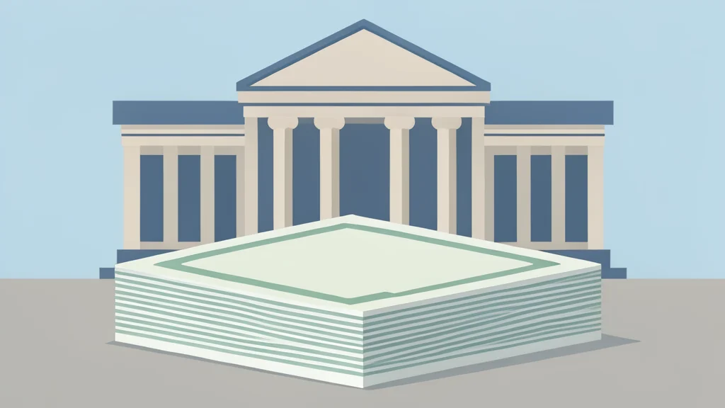 A flat vector illustration of a neat stack of paper currency positioned in front of a classical government building facade.