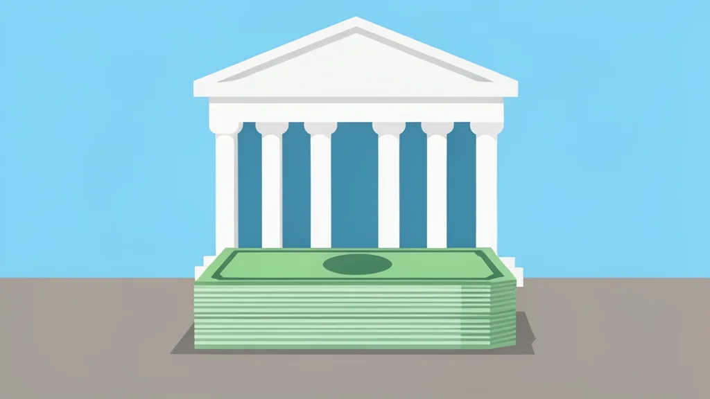 A stack of paper currency next to a government building facade