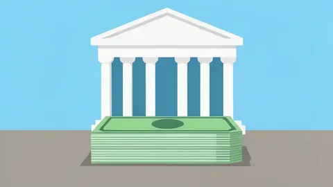A stack of paper currency next to a government building facade