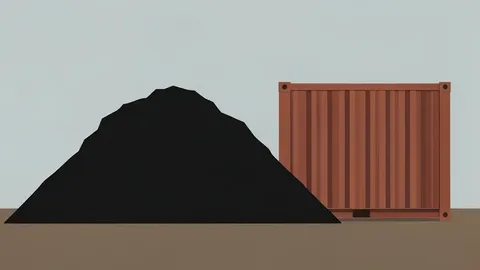 A large pile of coal next to a shipping container