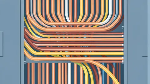 A dense array of copper electrical conduits and fiber optic cables bundled together in a server room