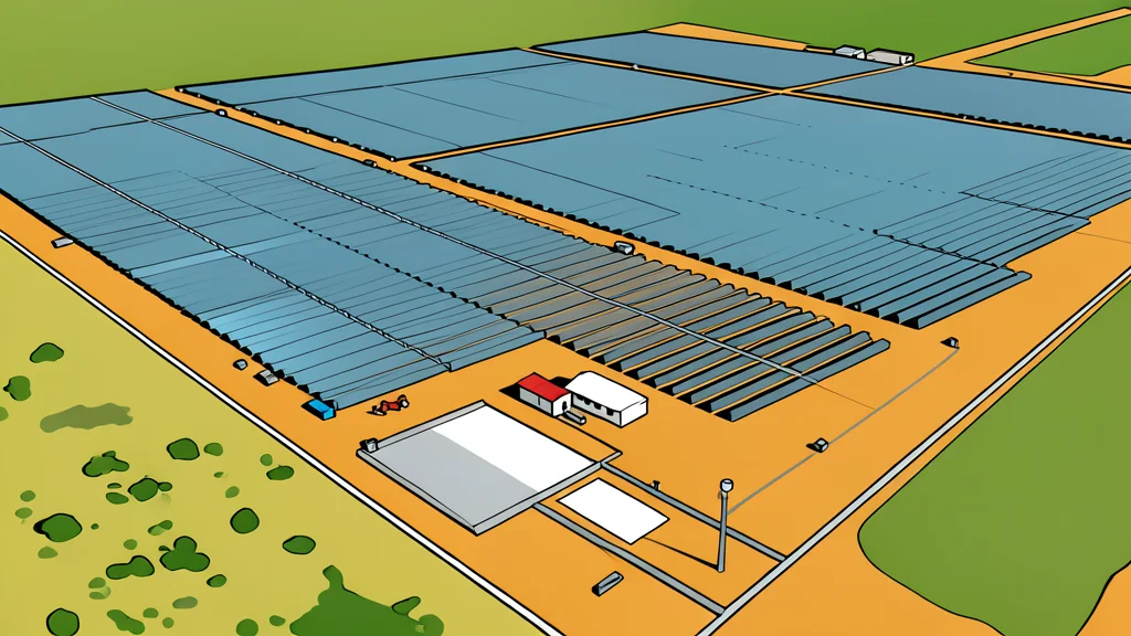 A field of large, dark blue photovoltaic panels arranged in rows under a bright sky