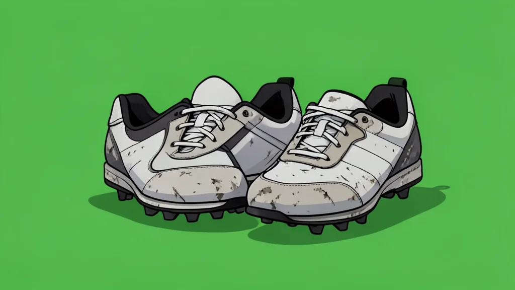A pair of worn athletic cleats resting on a grassy pitch