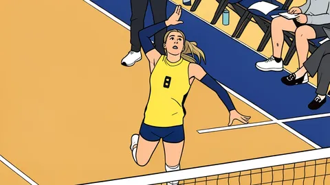A white volleyball resting on a polished wooden gymnasium floor near a net post
