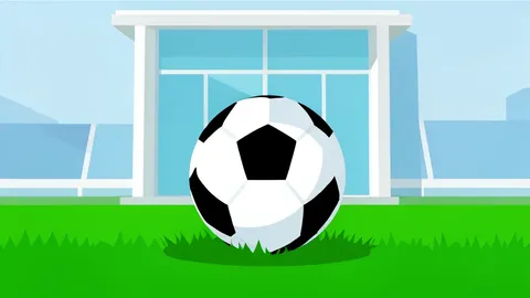 A soccer ball resting on green grass near a stadium entrance