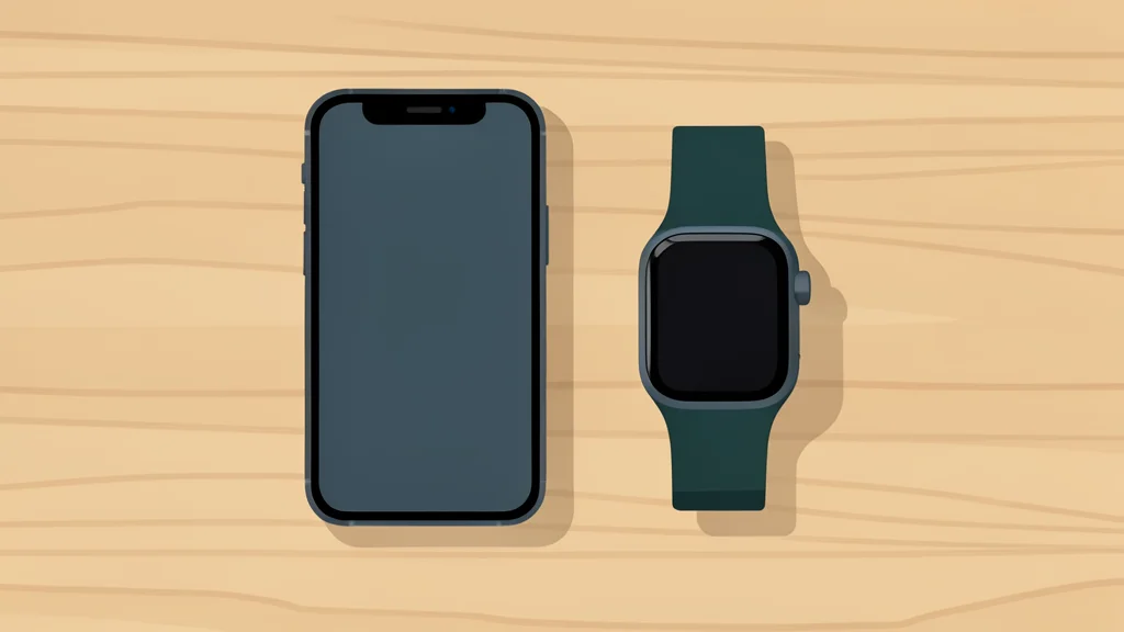 A smartphone and a smartwatch resting on a wooden desk