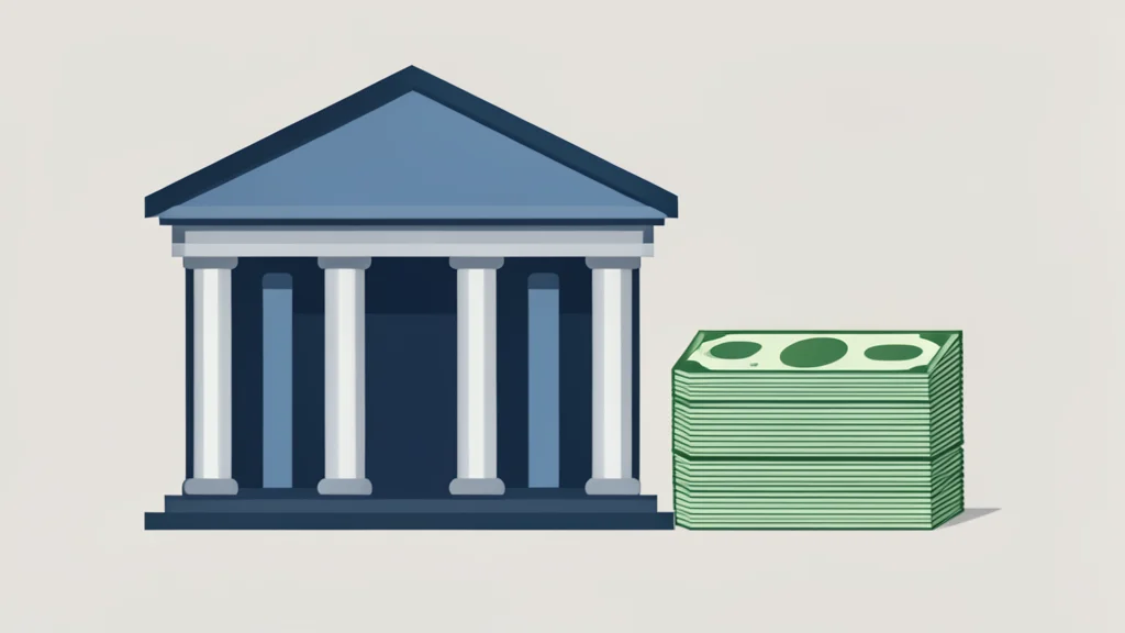 A flat vector illustration of a government building facade next to a stack of paper currency.